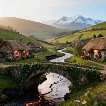 Eine idyllische Landschaft mit kleinen Bauernhäusern und einem schneebedeckten Berg. Ein Riss in der Landschaft legt glühende Lava frei.