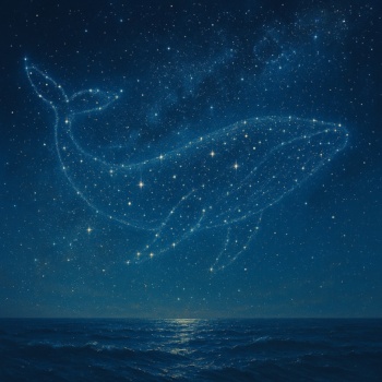 Sternenhimmel über dem nächtlichen Meer. Die Sterne bilden einen großen Walfisch über dem Wasser