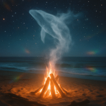 An einem nächtlichen Strand brennt ein Lagerfeuer. Die aufsteigenden Rauchwolken bilden einen Wal der in den Himmel fliegt.