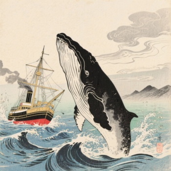Ein Wal springt aus den Wellen eines stürmischen Ozeans. Im Hintergrund nähert sich ein altertümliches Walfangschiff.