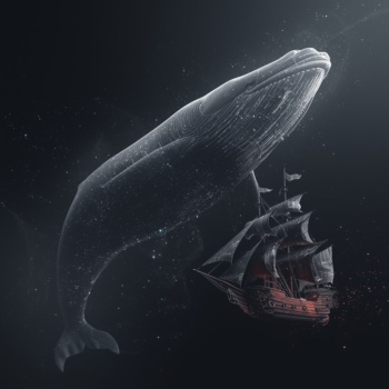 Am Nachthimmel schweben ein riesiger Wal und ein altertümliches Walfangschiff
