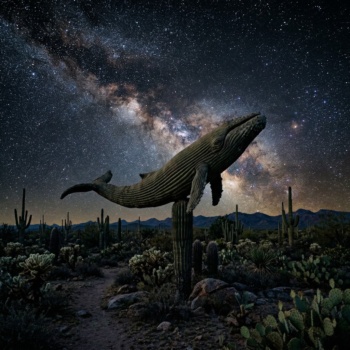 eine US-amerikanische Wüstenlandschaft voller Kakteen. EIn großer KAktus bildet die Form eines Walfisches. Darüber ist ein gigantischer Sternenhimmel