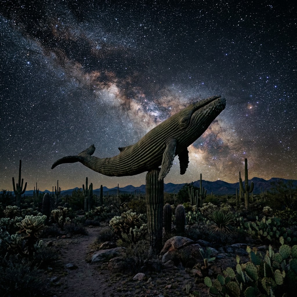 eine US-amerikanische Wüstenlandschaft voller Kakteen. EIn großer KAktus bildet die Form eines Walfisches. Darüber ist ein gigantischer Sternenhimmel