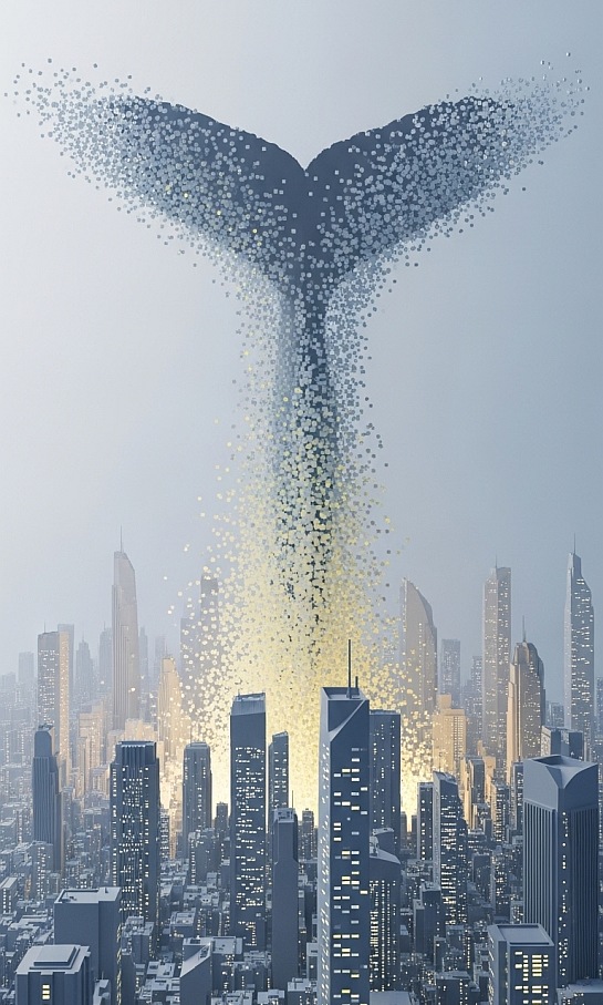 Eine moderne Stadt voller Wolkenkratzer. EIne Walfluke taucht in die Stadt ein und löst sich in viele Pixel auf.