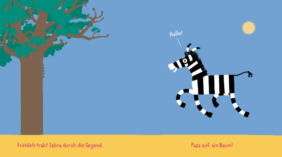 Ein Zebra galoppiert auf eine Baum zu