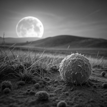 Eine Prärielanschaft, über der am Horizont der Vollmond aufgeht. Im Vordergund liegt eine kleine Krebszelle auf dem Boden.