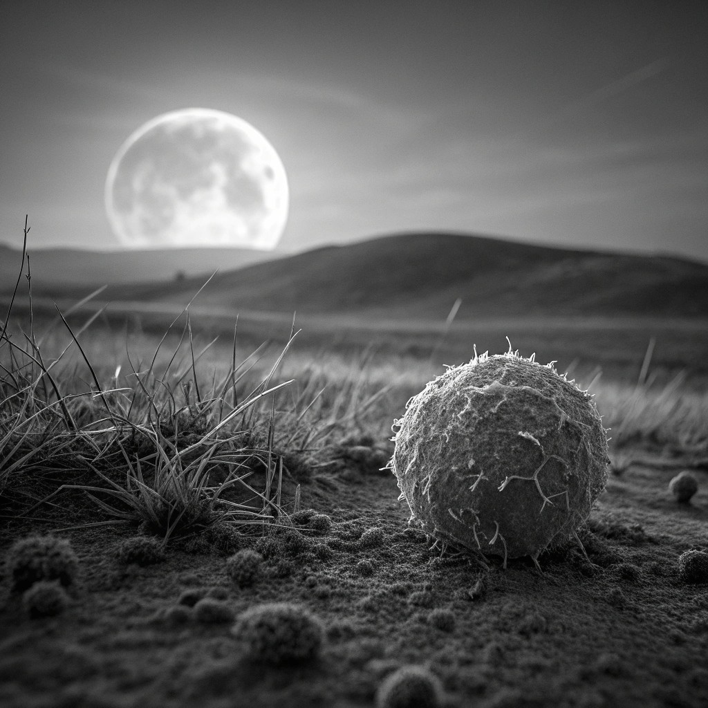 Eine Prärielanschaft, über der am Horizont der Vollmond aufgeht. Im Vordergund liegt eine kleine Krebszelle auf dem Boden.