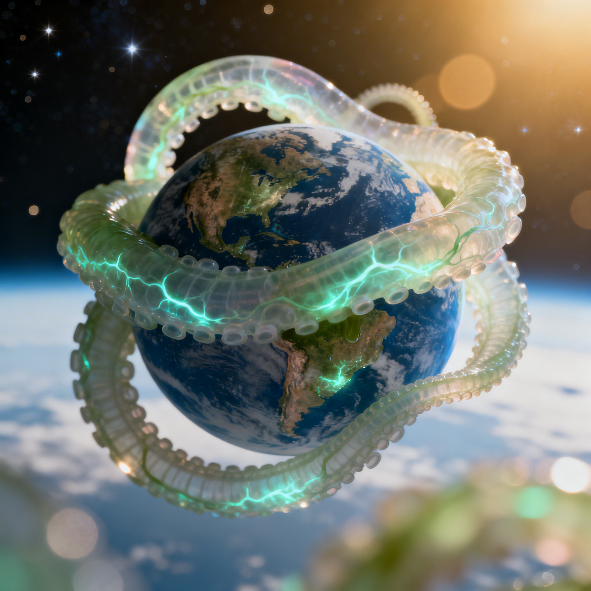 Ein Foto des Planeten Erde, der von einem gewaltigen Krakenarm umschlungen ist