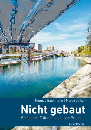 Fotografie einees Flusses in einer Stadt, über den eine gezeichnete Brücke führt