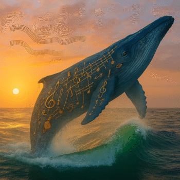 Ein Blauwal, der Muikintrumente auf seinem Rücken trägt, springt aus den morgentlichen Fluten.