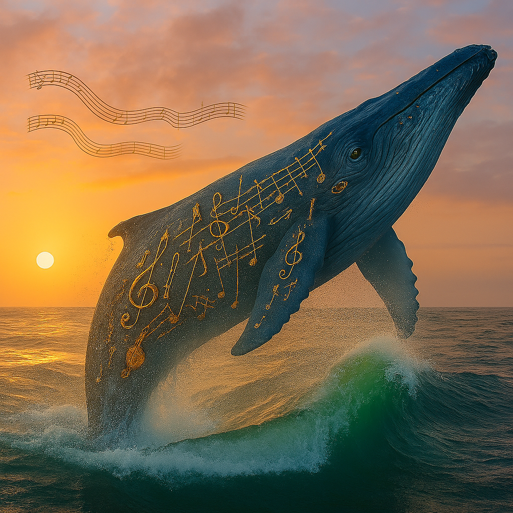 Ein Blauwal, der Muikintrumente auf seinem Rücken trägt, springt aus den morgentlichen Fluten.
