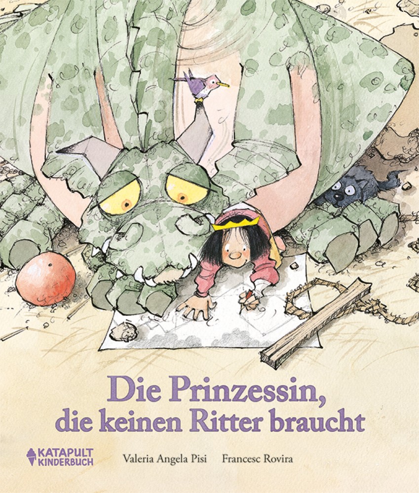Ein Drache und ein Mädchen mit Krone auf dem Kopf studieren intensiv eine auf dem Boden ausgebreitete Landkarte