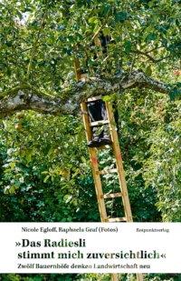 Eine Leiter ist an einen Baum mit dichtem grünen Blätterwerk gelehnt. Auf der Leiter steht ein Mensch, seine Beine sind zu sehen.