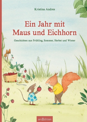 Eine Maus und ein Eichhörnchen - beide in menschlihcer Kleidung - reichen sich eine Erbeere an.