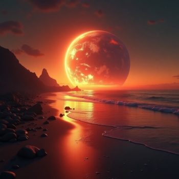 An einem Strand geht die Erde am Horizont unter. sanfte Wellen schlagen auf den Sand.