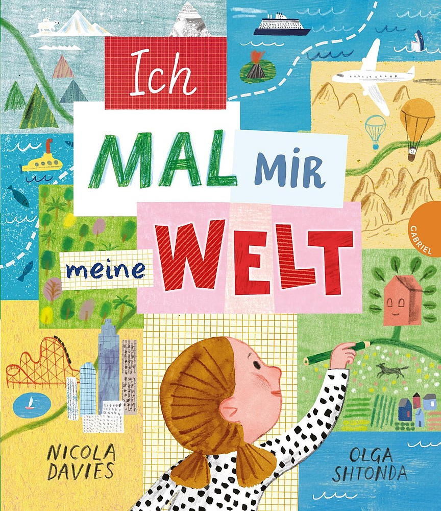 Ein Kind malt mit einem Stift bunte Bilder mit Motiven aus fernen Ländern.
