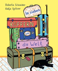 Ein Stapel Koffer, vor dem eine Katze liegt