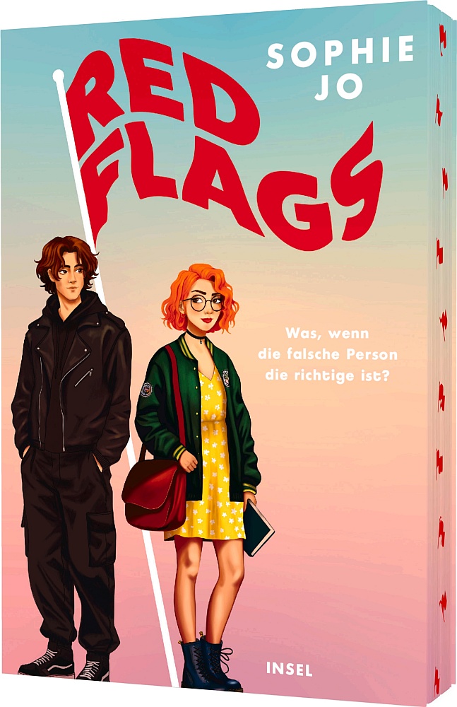 Ein Junge und ein Mädchen stehen an einem Flaggenmast. Am Mast weht der Schriftzug "Red Flags" wie eine rote Fahne im Wind.