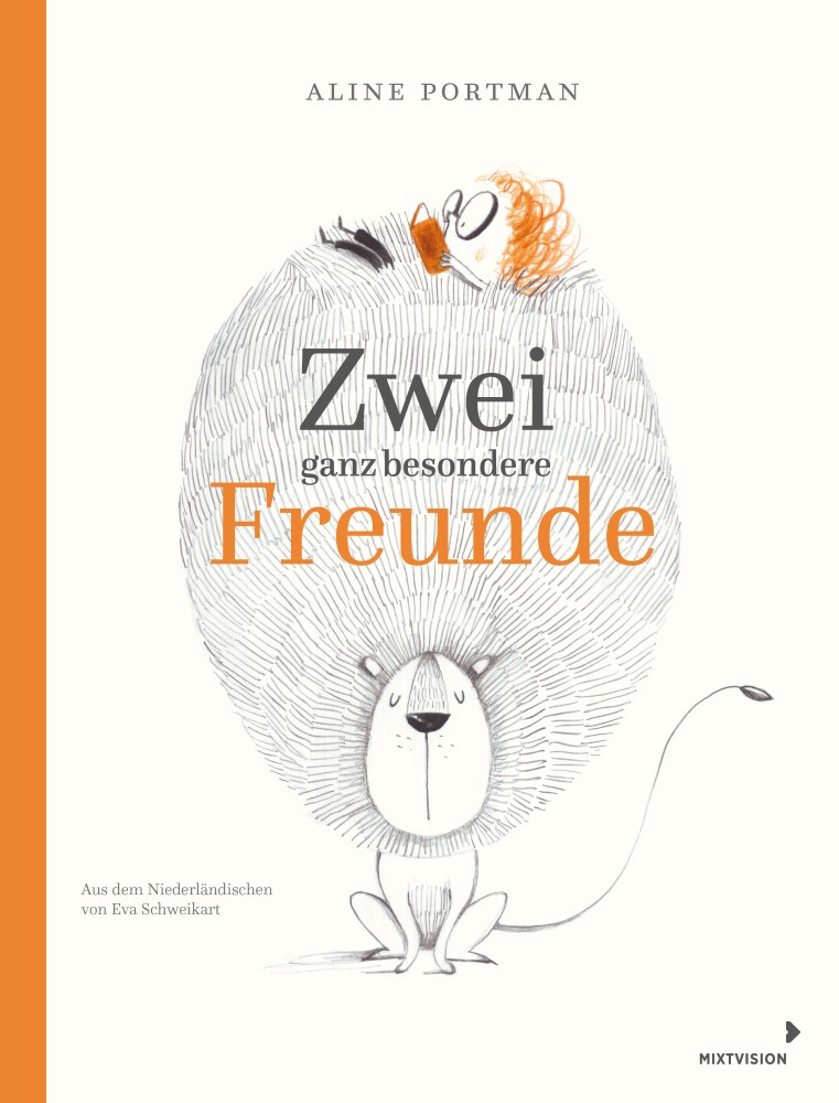 Zeichnung eines Hundes mit einer dichten Mähne. Auf der Mähne liegt ein Junge und liest ein Buch